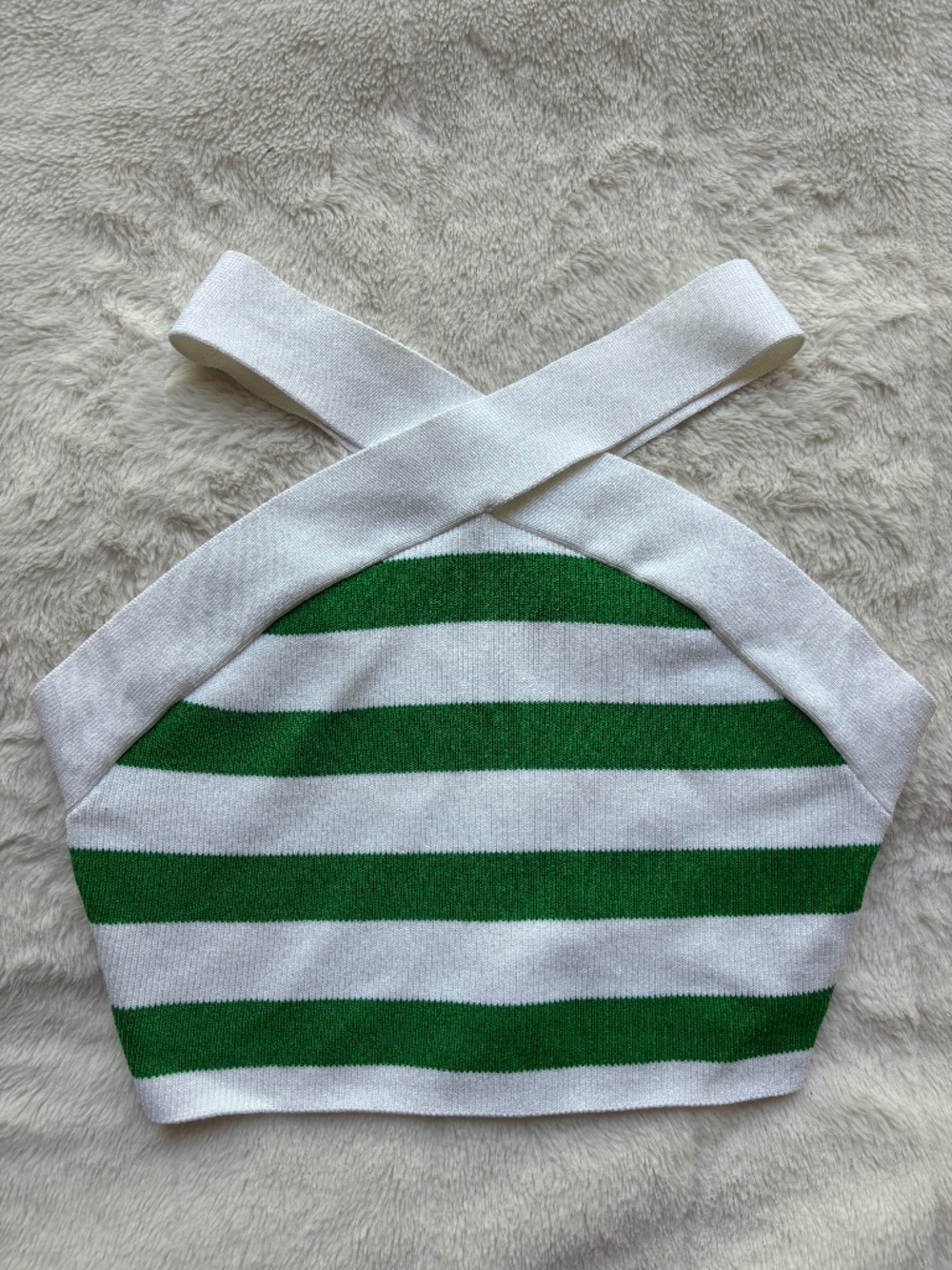 Aritzia Babaton Green White Striped Cross Front Halter Knit Crop Top Size M